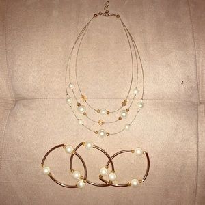 Gold wire & pearl necklace & bracelet set